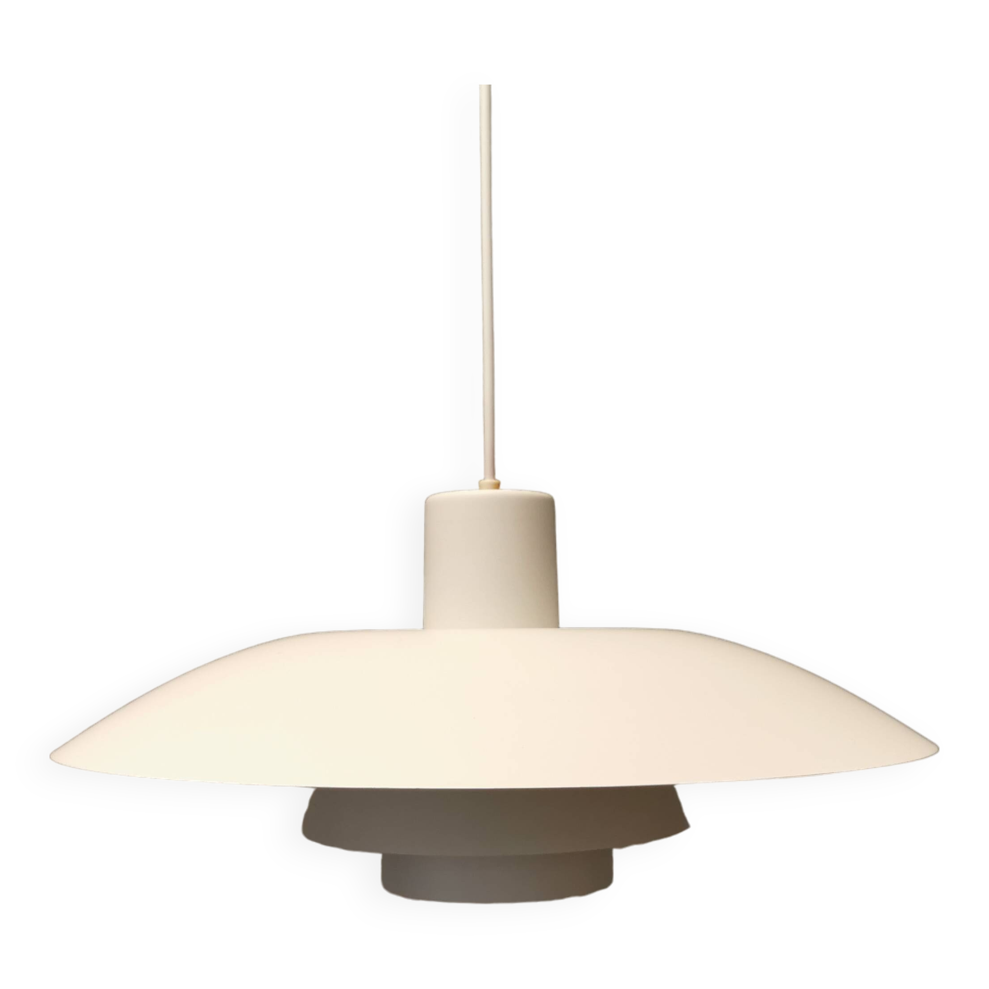 Beautiful older PH 4/3 hanging lamp, in white, with original orange suspension.