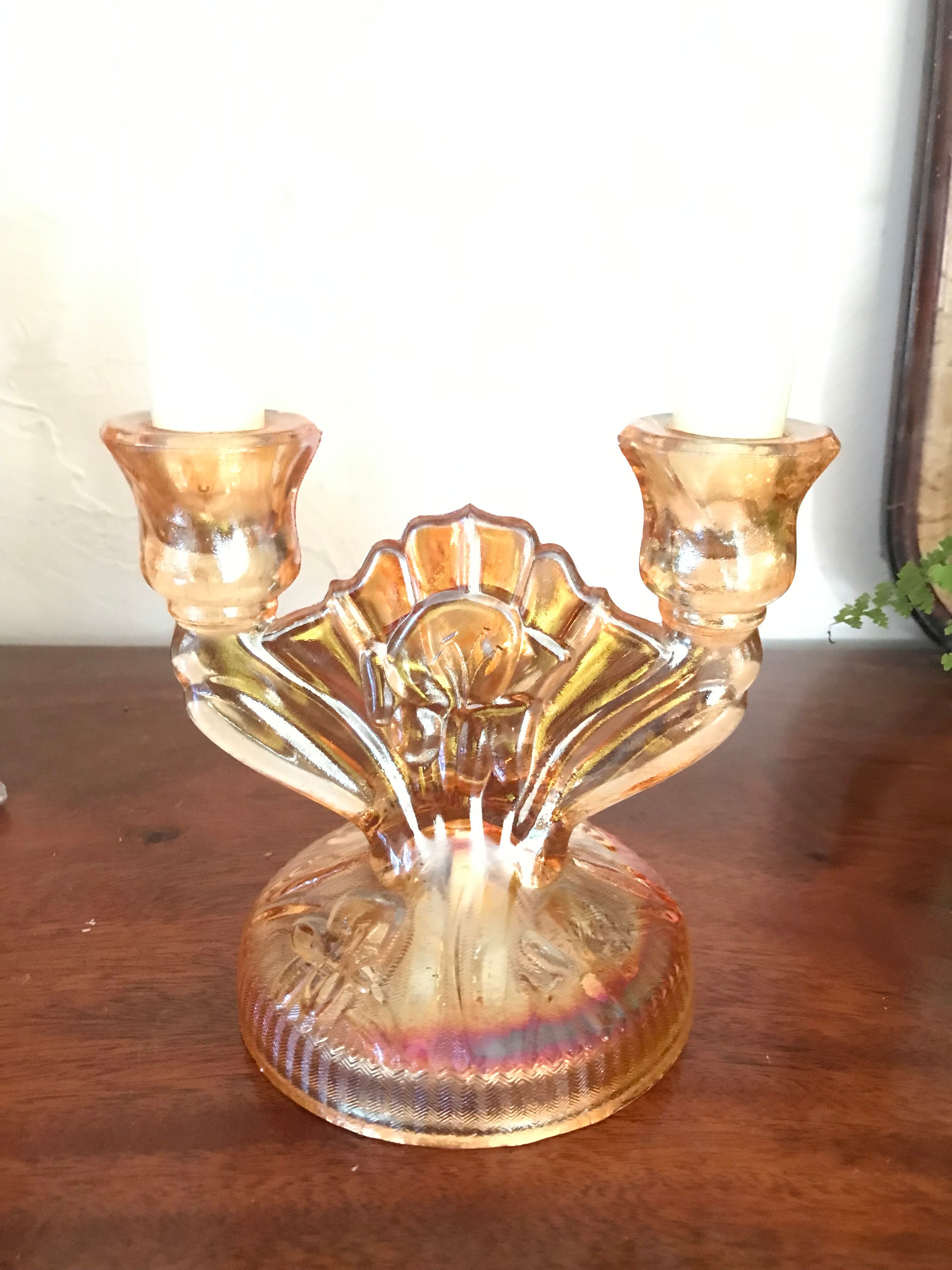 pair of Art Deco iridescent glass candle holders