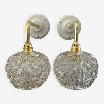 Pair of vintage wall sconces in carved glass