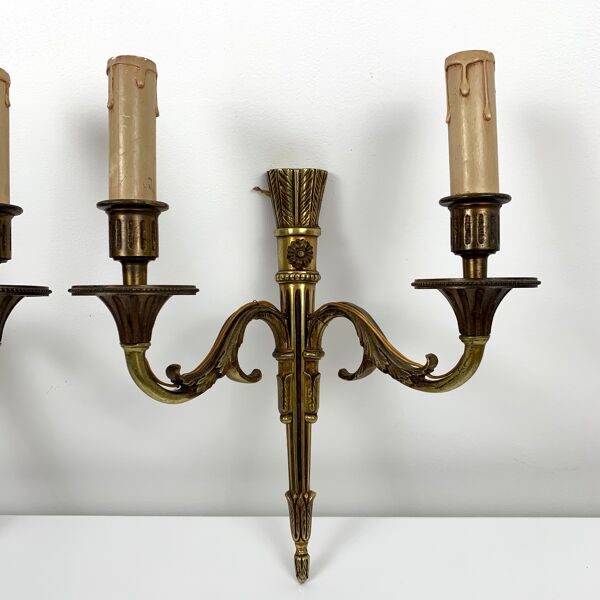 Paire d’appliques bronze doré vieil or Empire Carquois Fleche Lucien Gau Paris