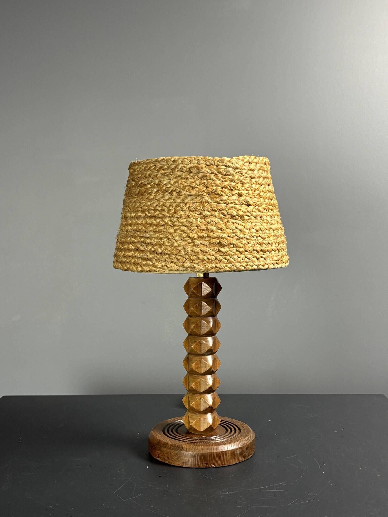 Mid-Century modern brutalist wood turned table lamp Charles Dudouyt style
