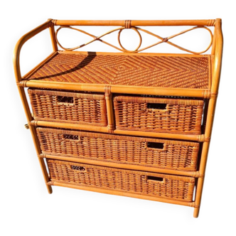 Vintage natural rattan chest of drawers – 5 drawers – Bohemian chic style