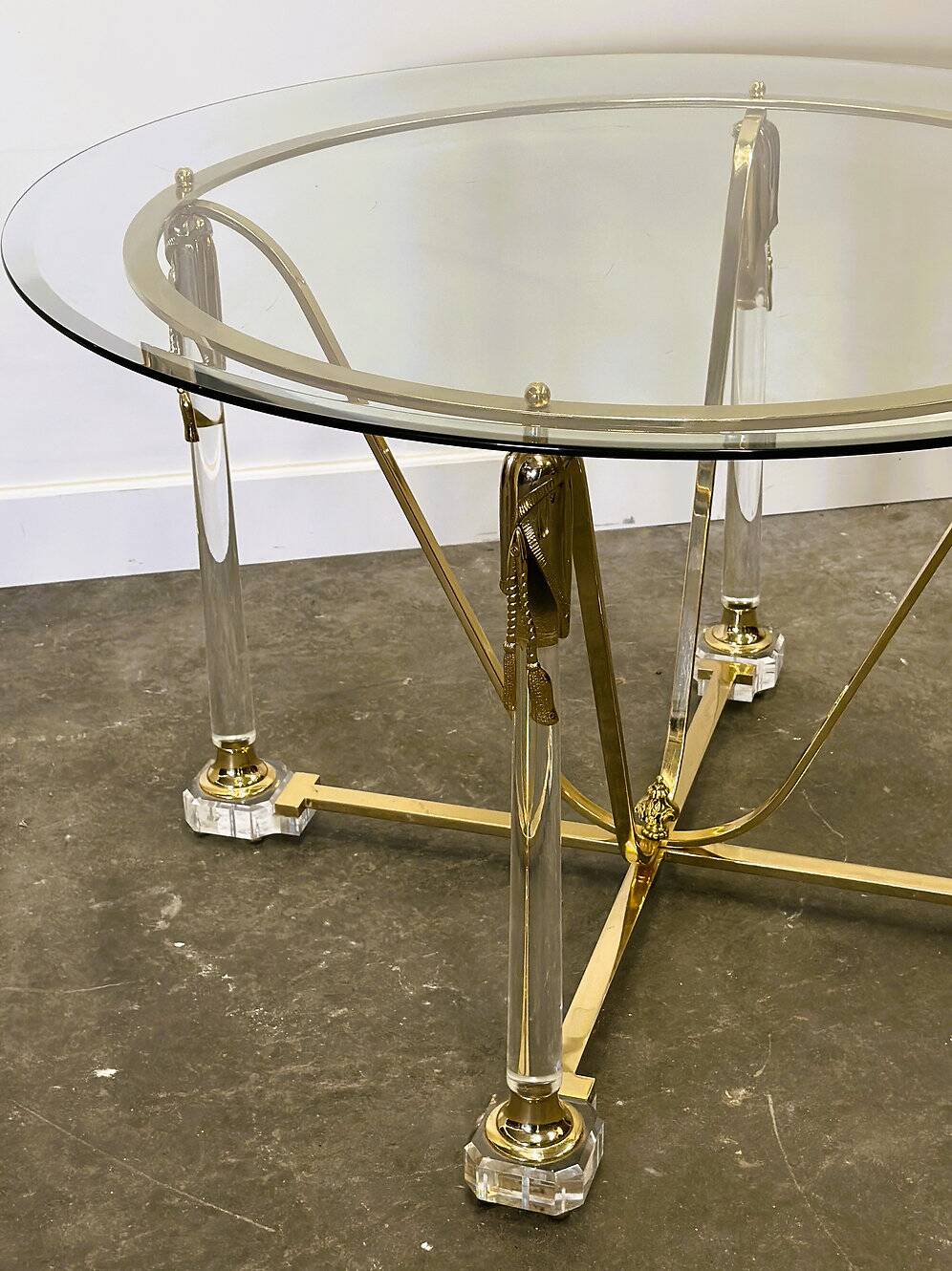 Brass and lucite dining table with beveled glass top, Italy 1980s.