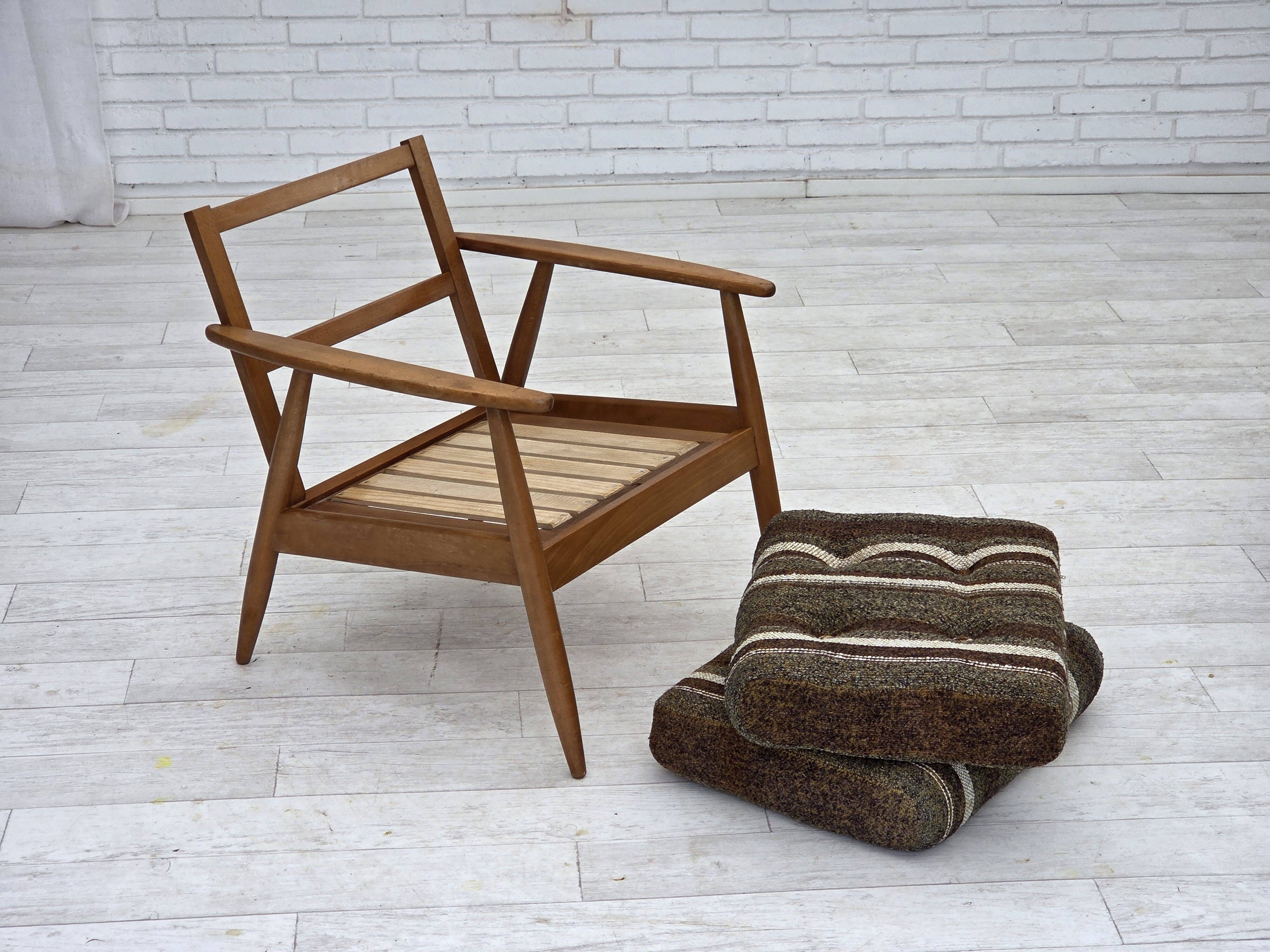 1970s, Danish armchair, beech wood, furniture wool fabric.