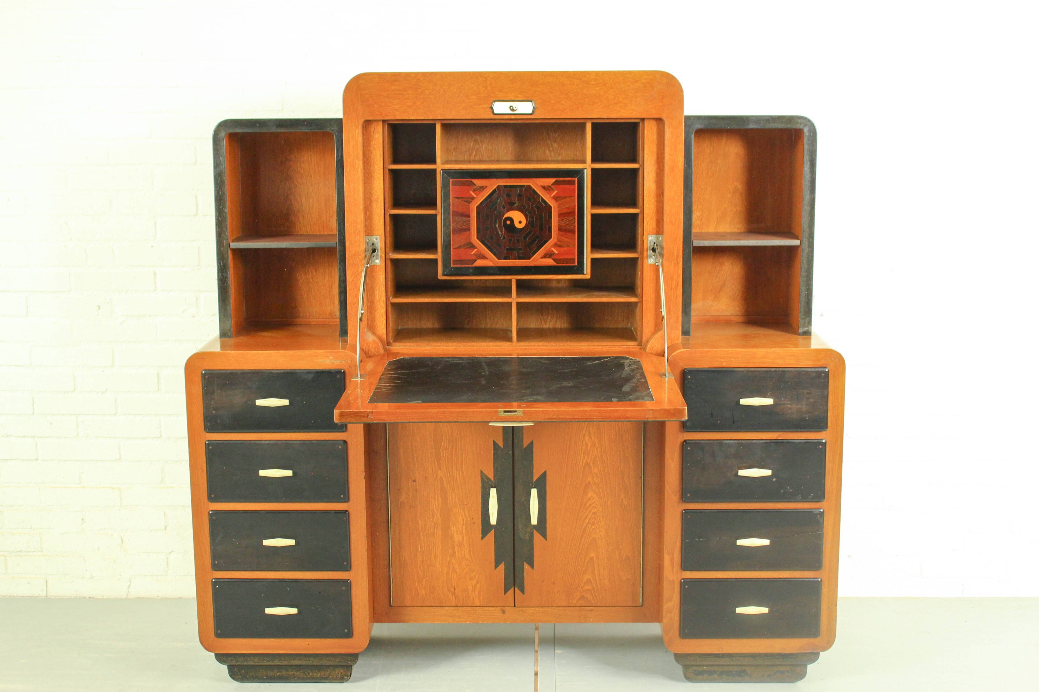 Solid high quality teak art deco secretaire by Gerson’s furniture store, produced in Bangkok, 1930s
