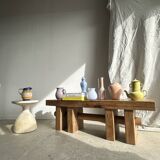 Solid wood bench with openwork base crossed by a cylinder - Mango wood