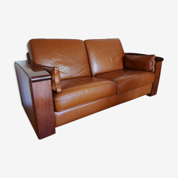 Leleu wood leather sofa