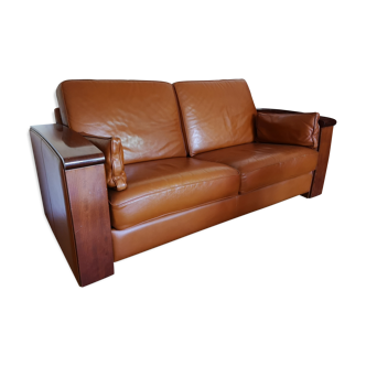 Leleu wood leather sofa