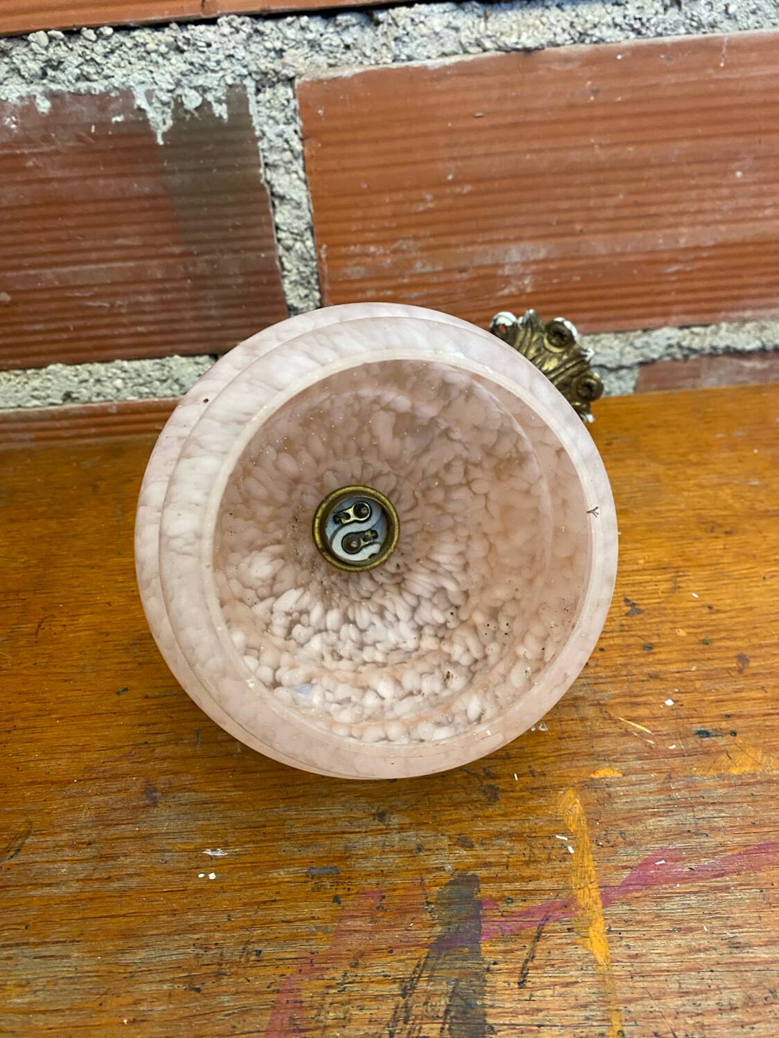 Antique Art Nouveau Gilt Bronze Wall Lamp + Vintage Pink Glass Ball