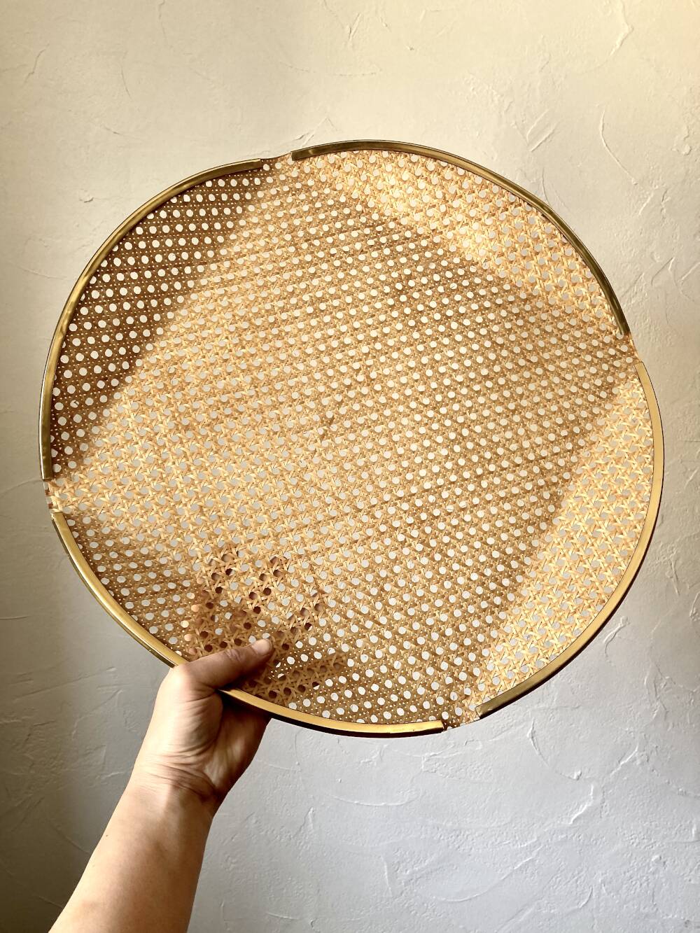 Acrylic glass plateau, caning & brass, 1970, attributed to Roche Bobois.