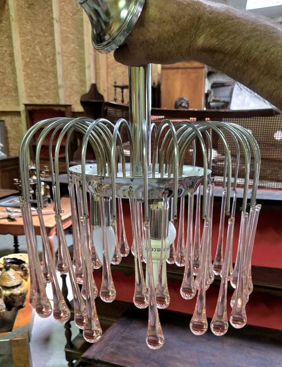 Paolo Venini: Cascade chandelier with pink Murano glass drops.