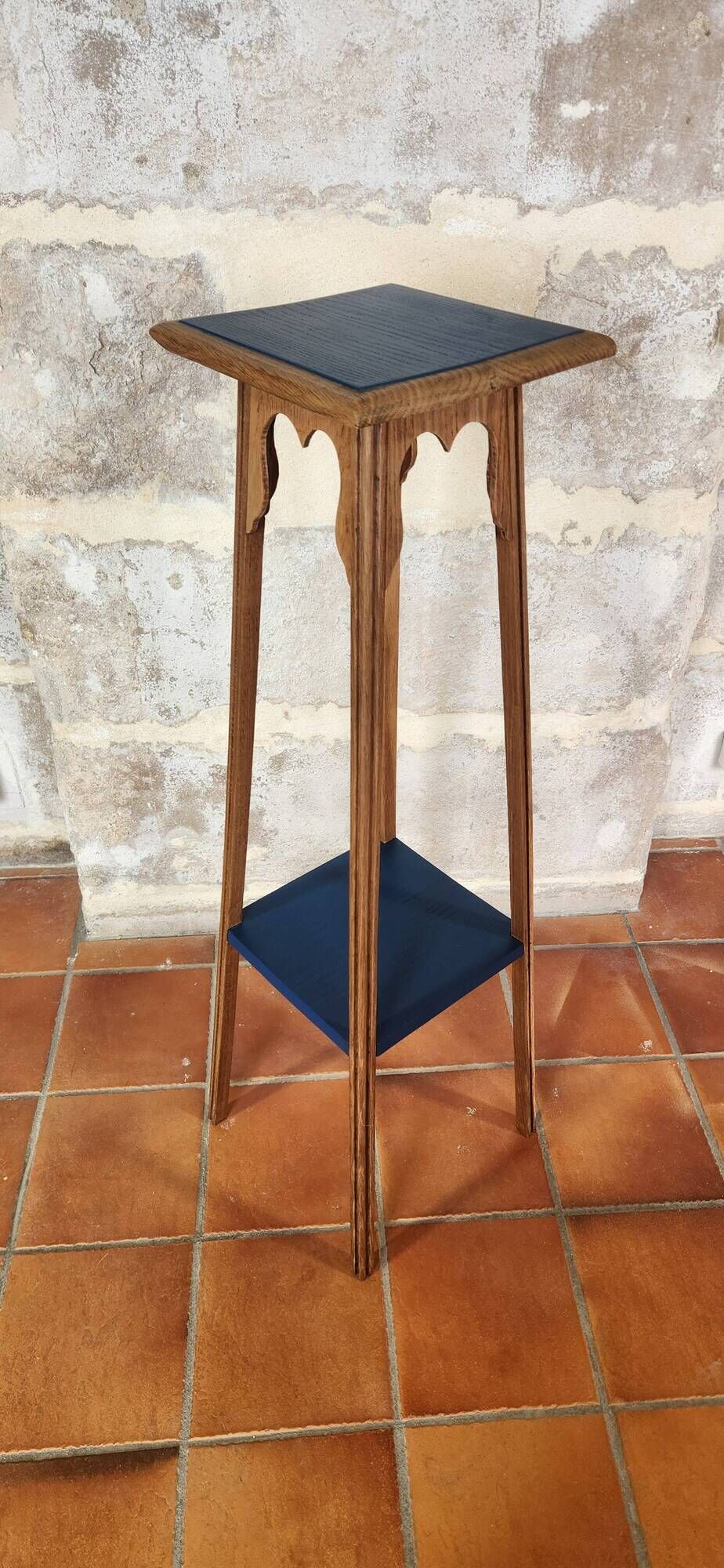 Deep Blue Wood Side Table with 2 Shelves Renovated