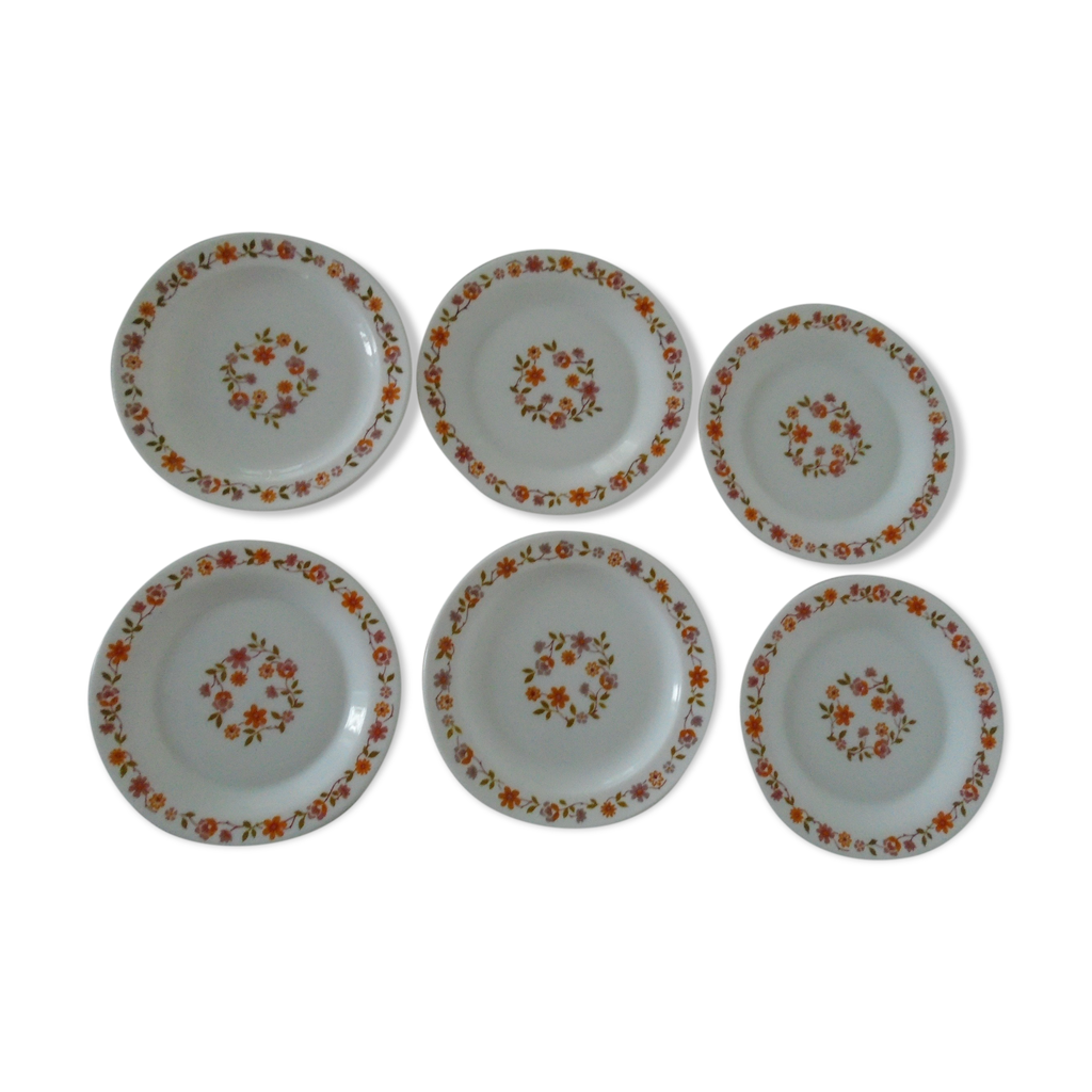 6 assiettes plates fleurs florine arcopal dessert