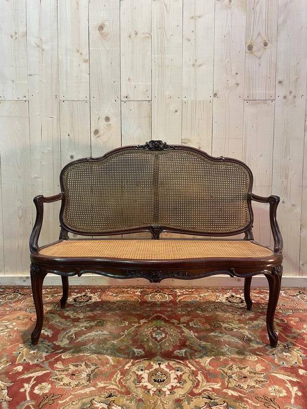 Banquette en acajou et cannage Louis XV