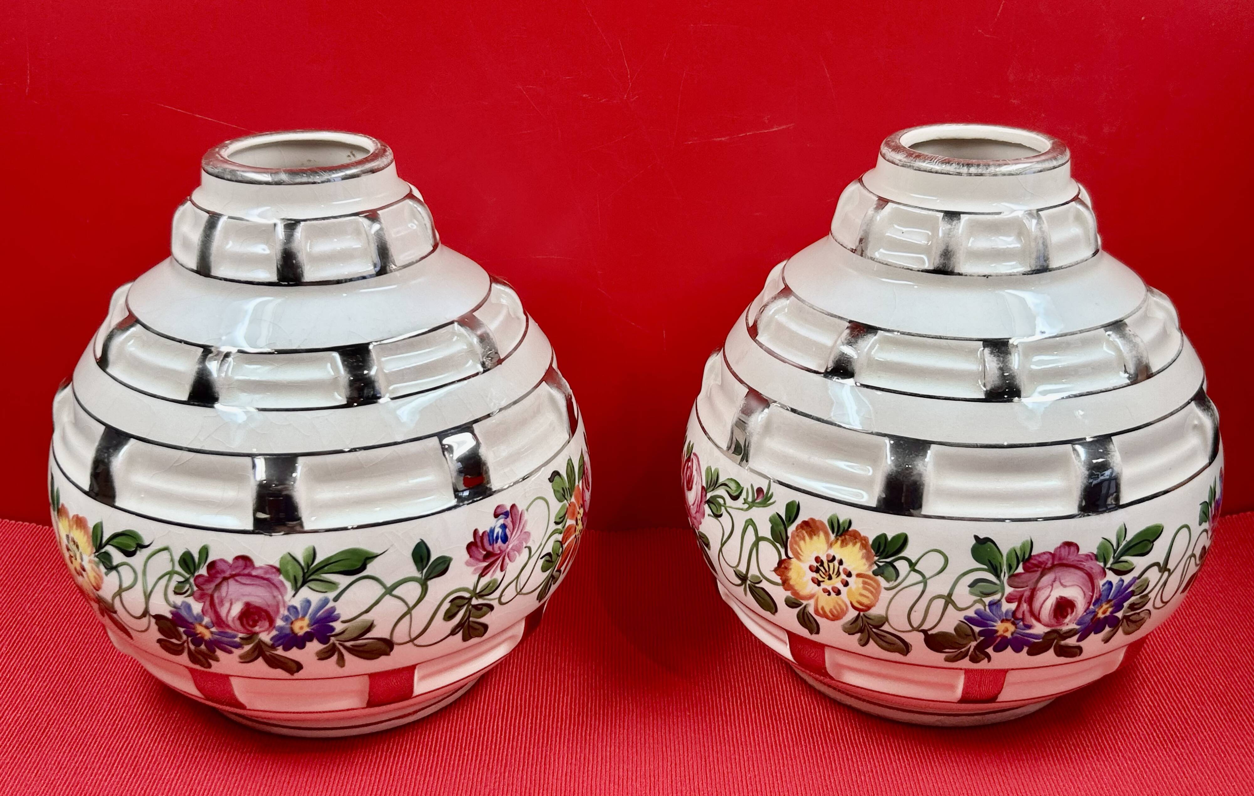 contemporary ceramics pair of Art Deco vases signed Elgé - Vierzon - H 20