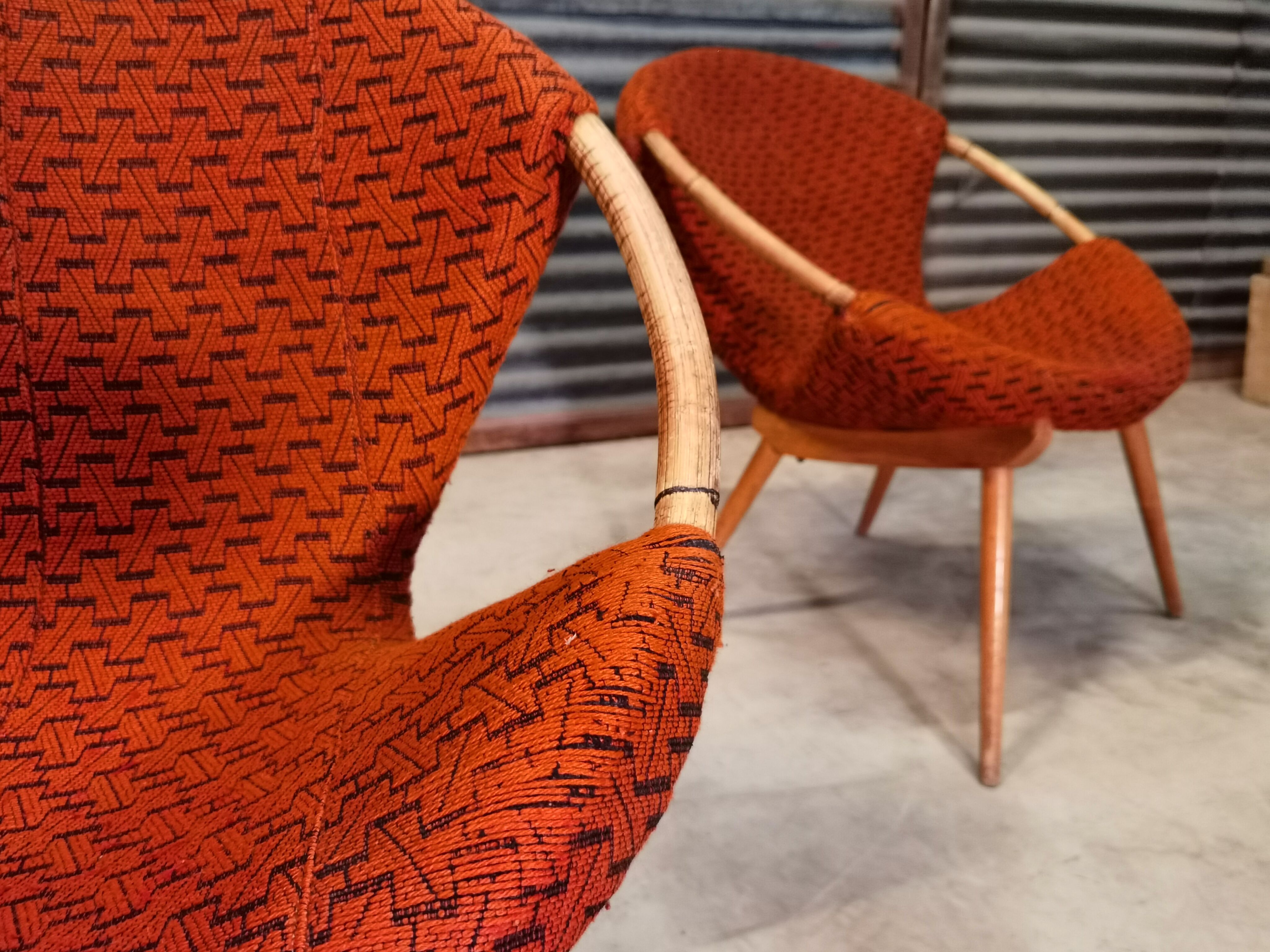 Czechoslovak shell armchair rattan wood fabric