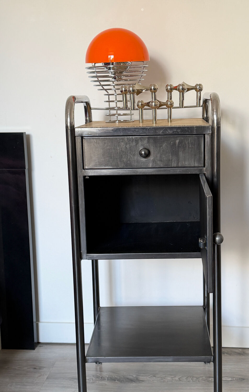 Vintage bedside table in brushed metal