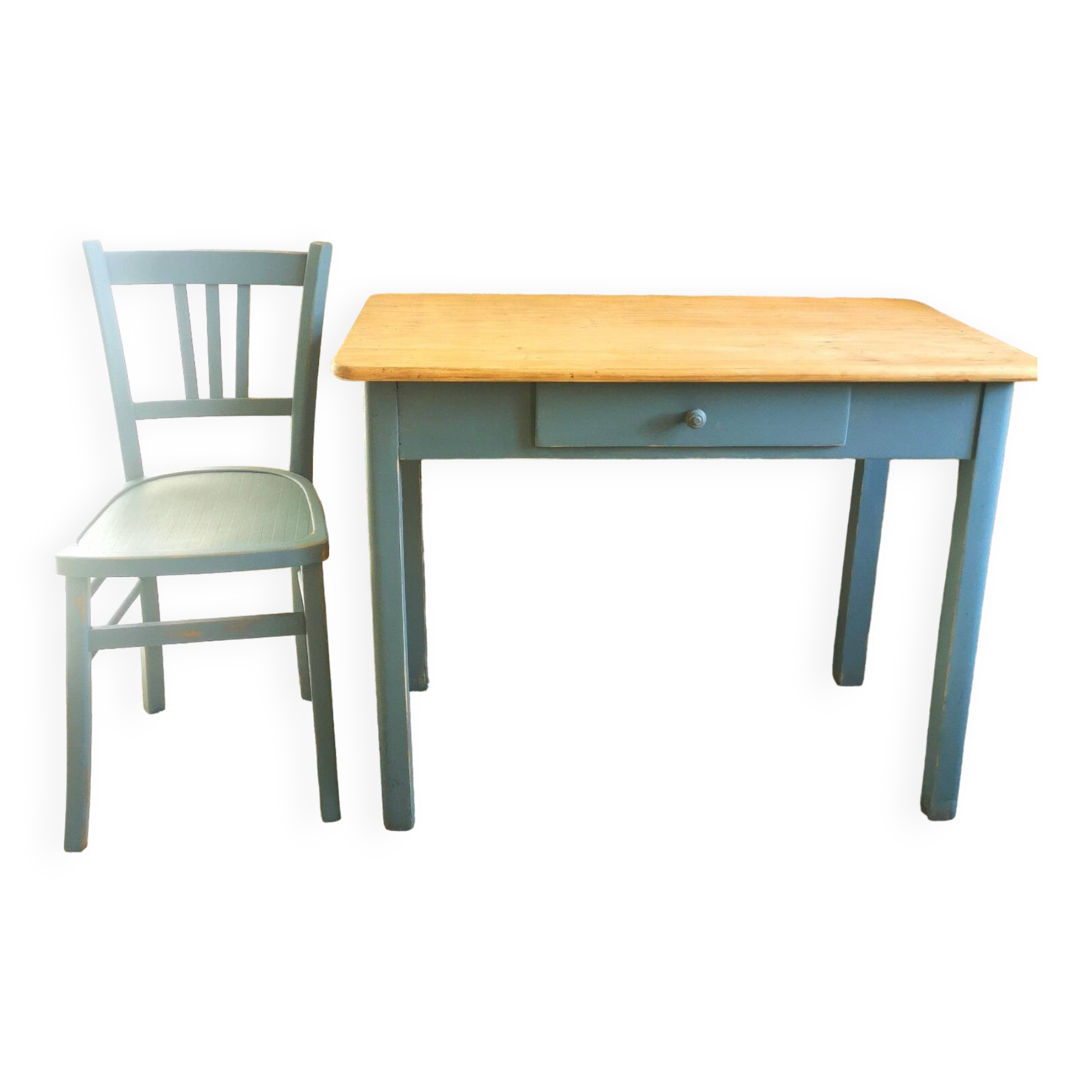 Blue patinated desk and chair