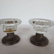 Two candle holders in bronze and crystal