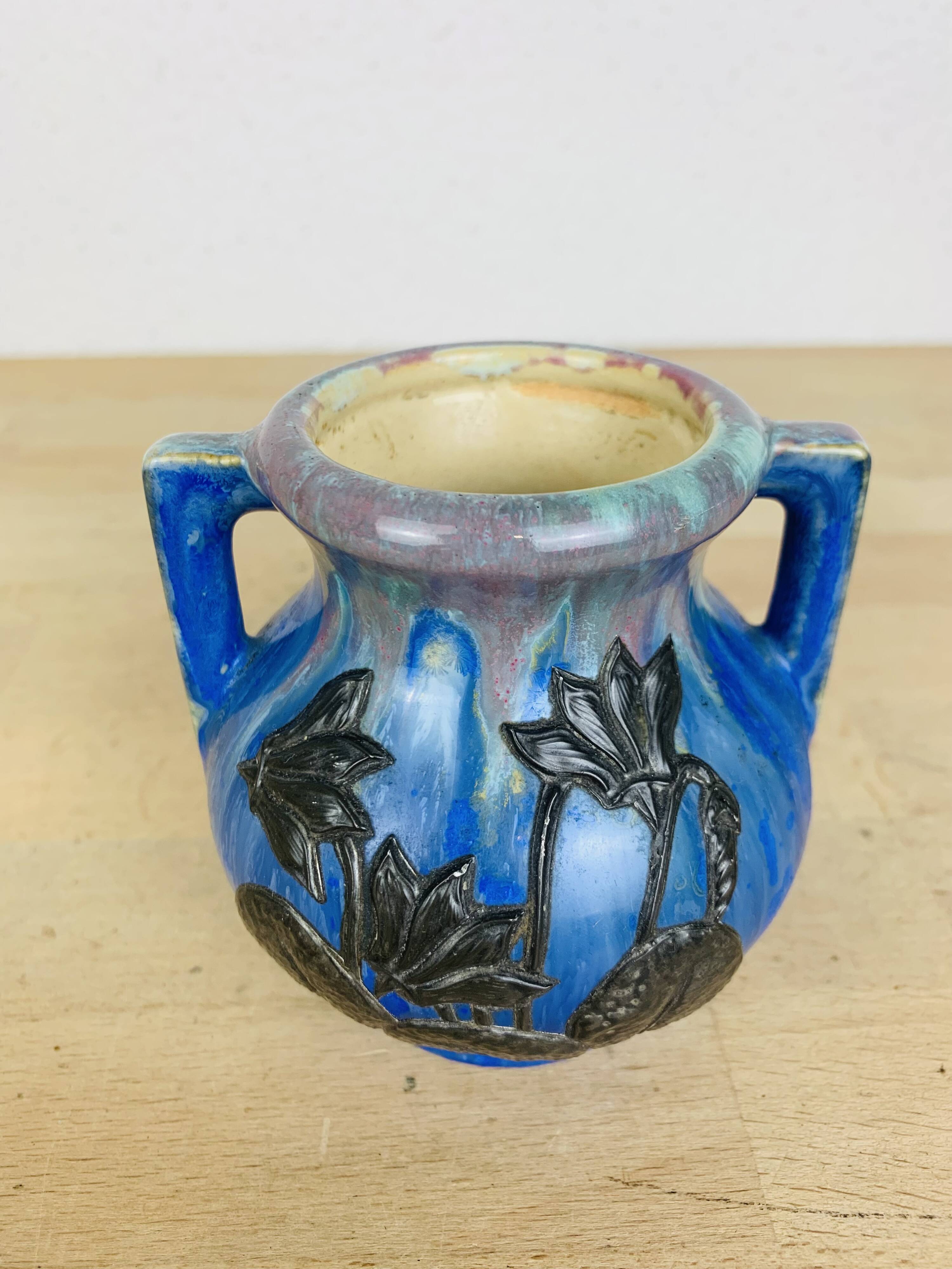 Pierrefonds stoneware art deco vase, tin floral decoration