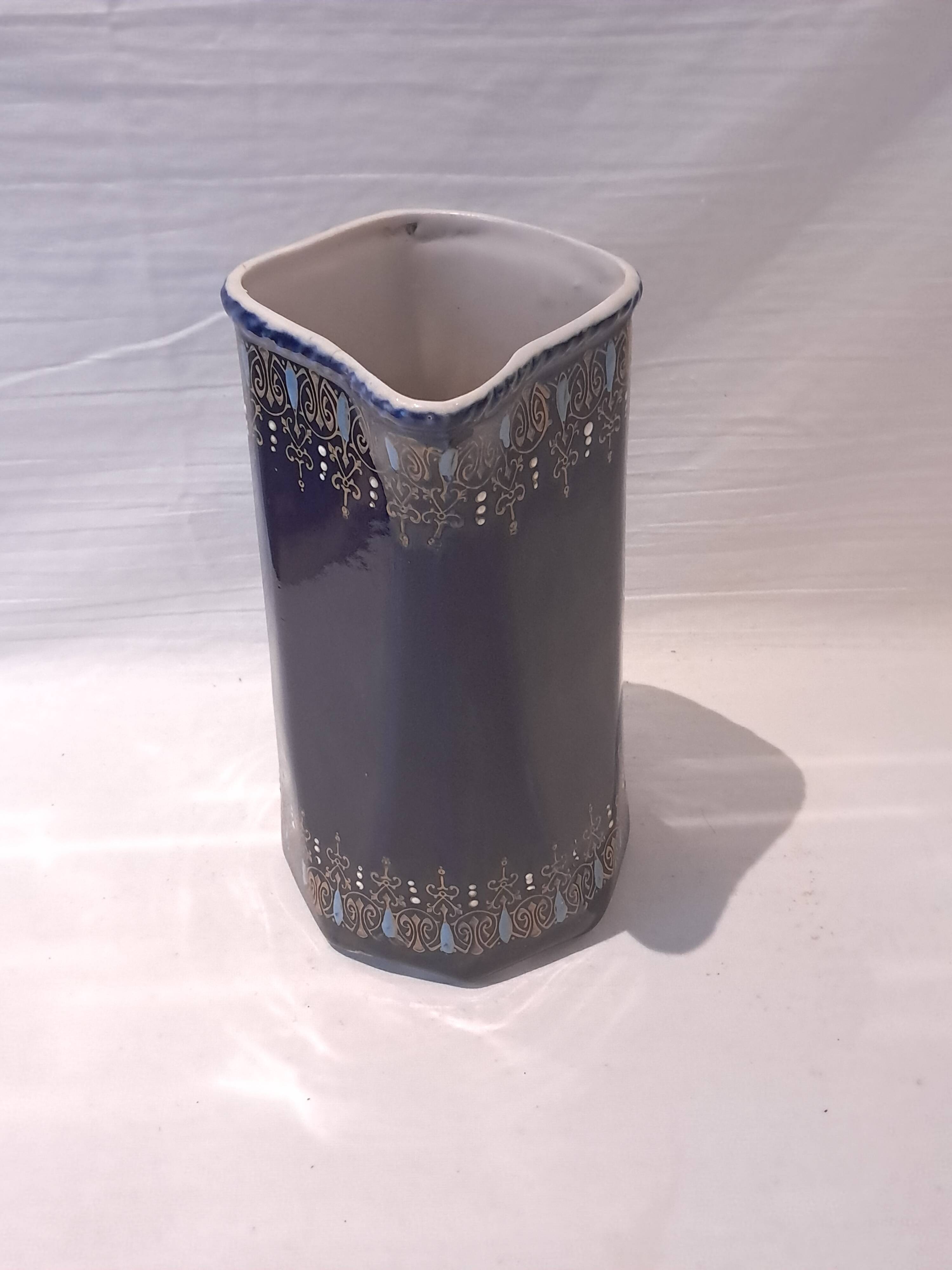 Antique Cobalt Blue Earthenware Jug With Enamelled Decor