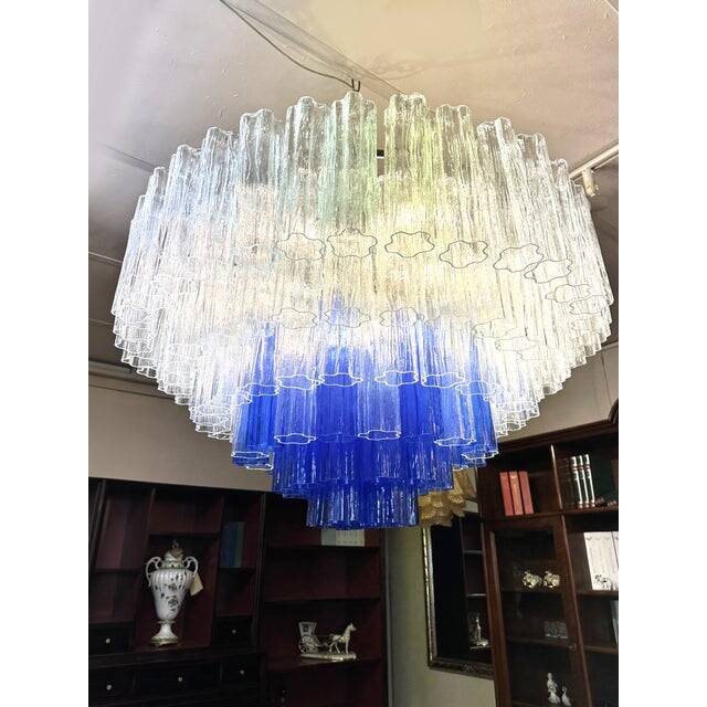 Large Transparent and Blue "Tronchi" Murano Glass Chandelier in Venini Styl
