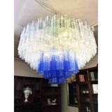 Large Transparent and Blue "Tronchi" Murano Glass Chandelier in Venini Styl