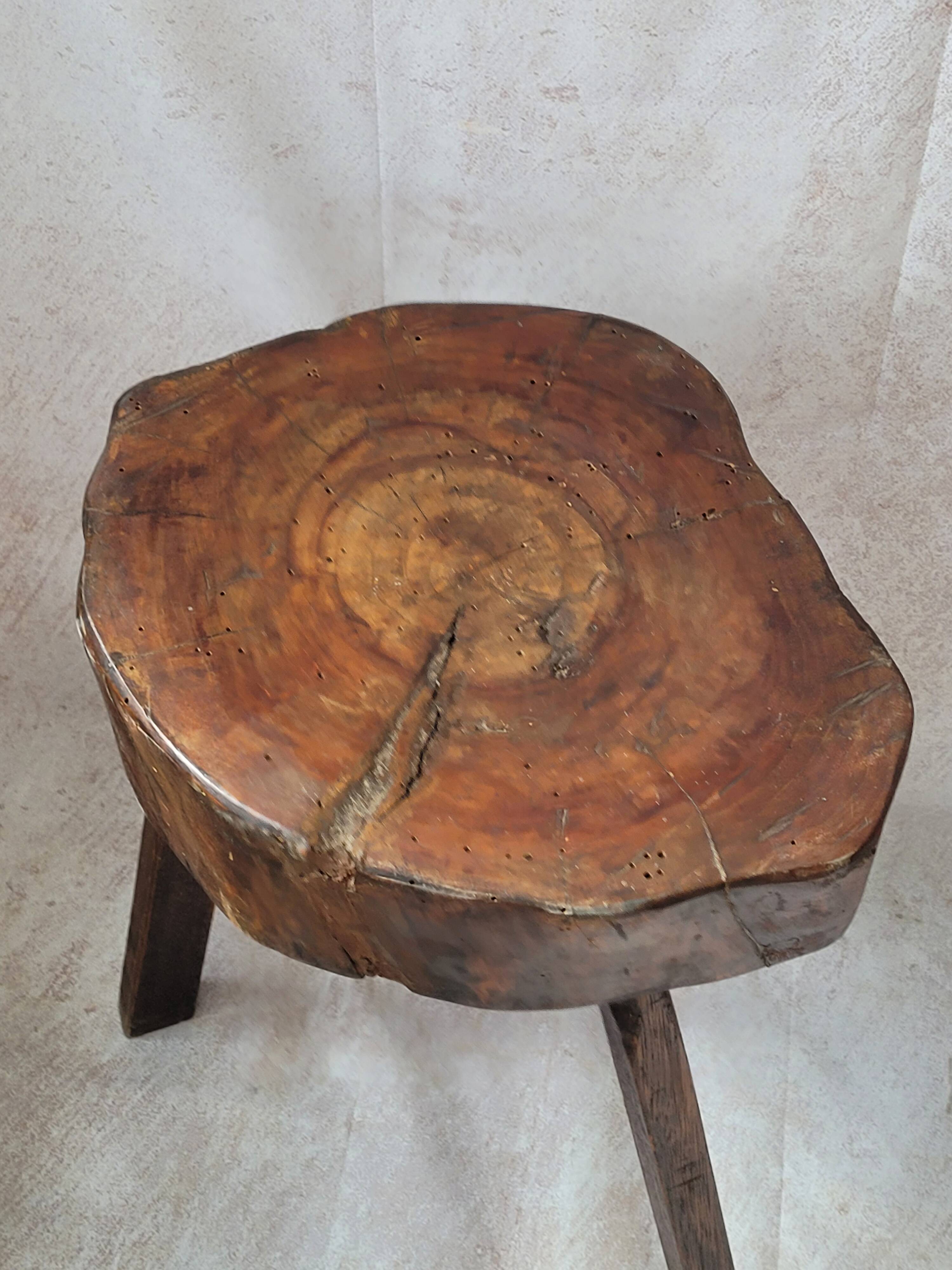 Wooden tripod stool wabi sabi trunk