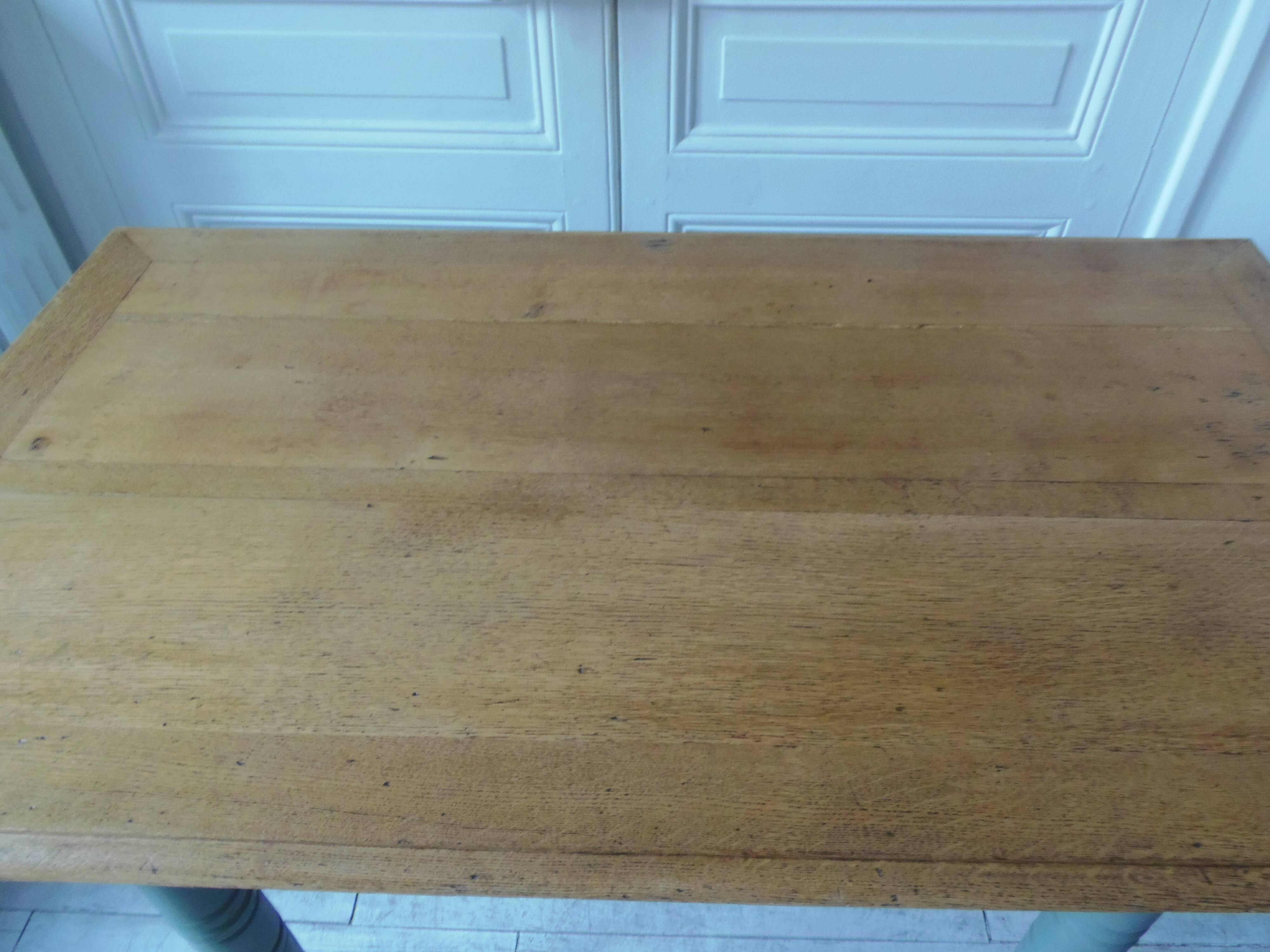 Table, vintage desk with smoked green legs, oak top.