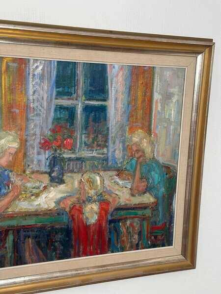 Original mid-century Swedish oil on canvas – “Family” by Eric With – vintage & framed – 75 × 91 cm (29.5" × 35.8")