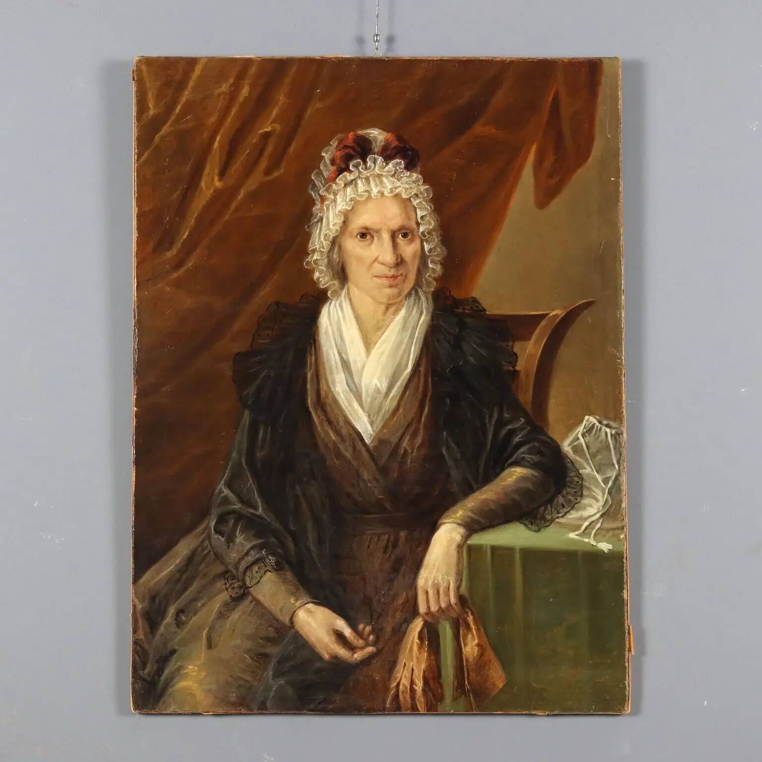 Peinture ancienne, portrait d’une noble dame, huile sur toile, XIXe siècle