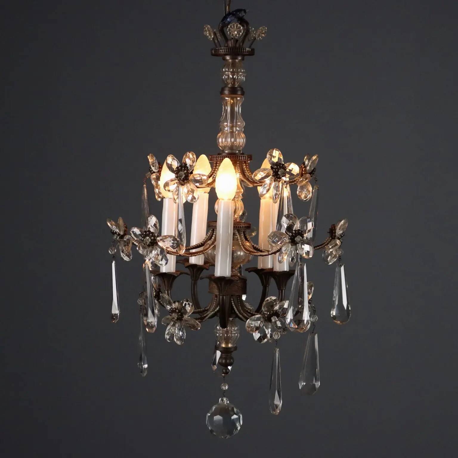 Antique metal and glass chandelier with 5 lights, Italy, 19th century.