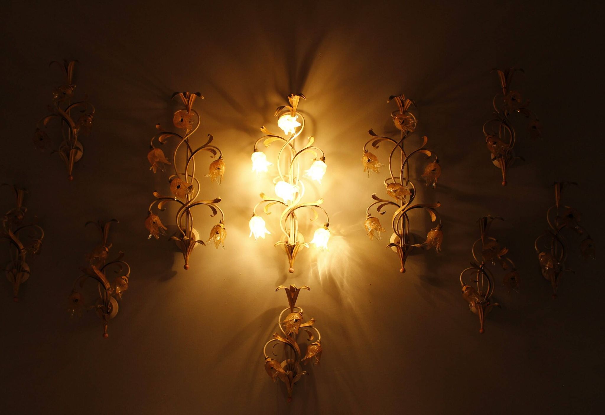 Set of 10 Wall Lights from colored hand crafted iron and Murano glass