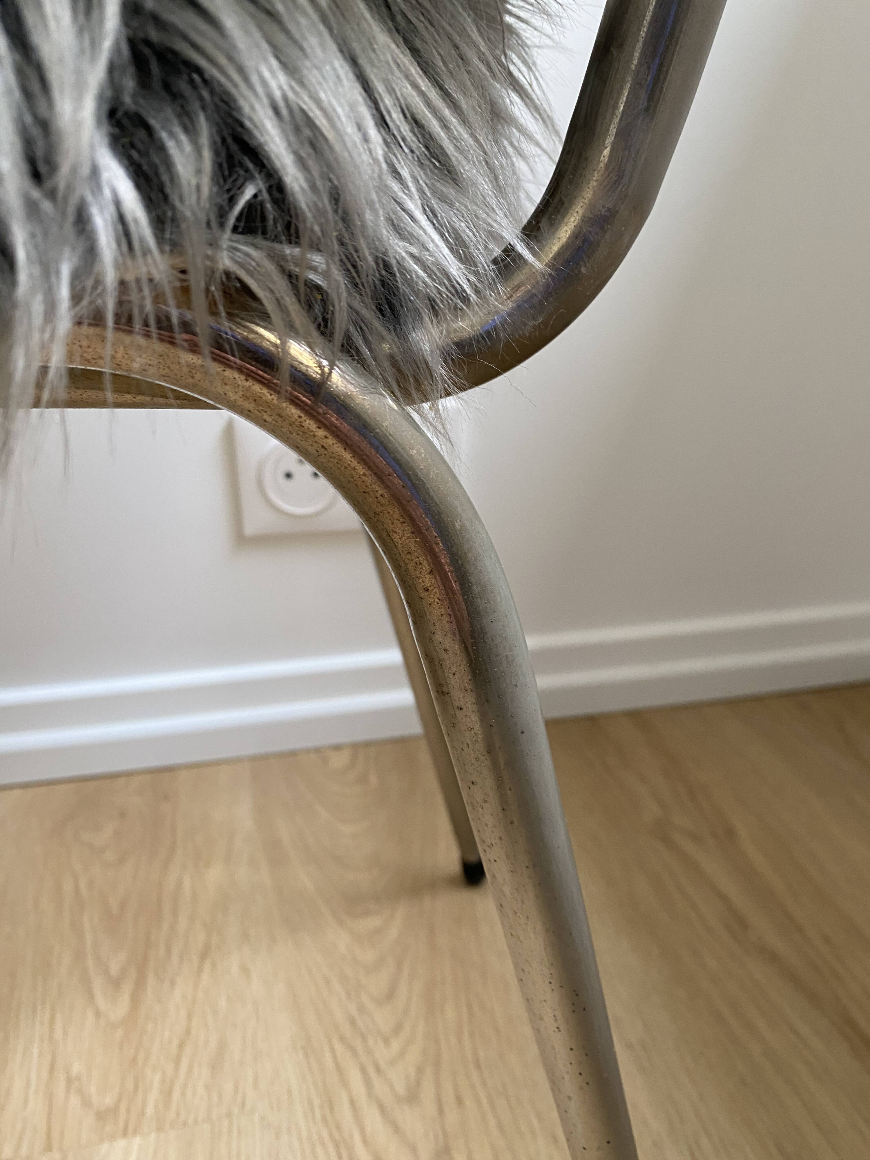 Vintage chair, gray long-haired synthetic fur