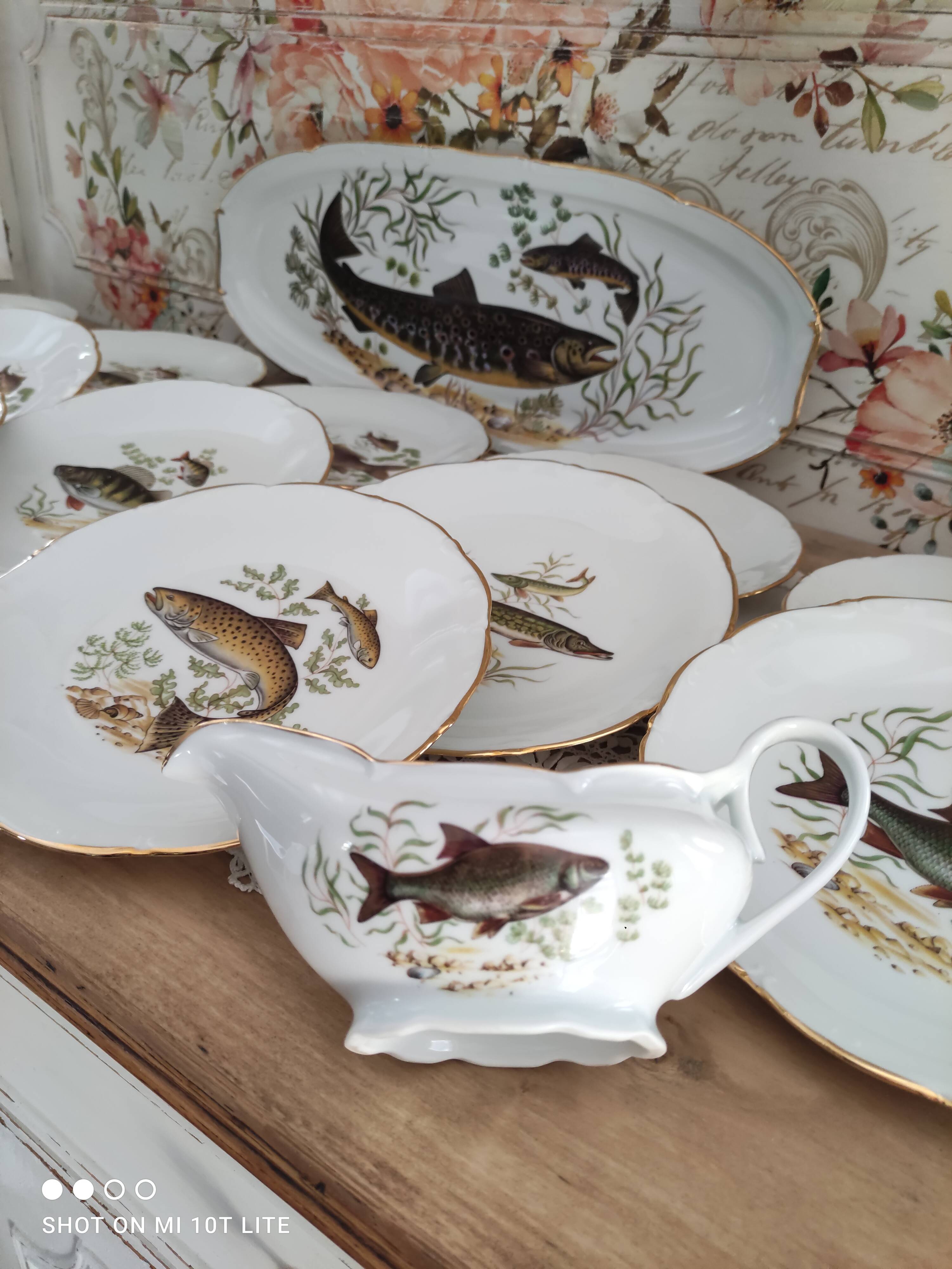 Service à poisson vintage en porcelaine de Sologne Lamotte décor poissons d'eau douce