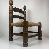 Wood Turned Bobbin Low Rush Chair in the manner of Charles Dudouyt, France, 1950s