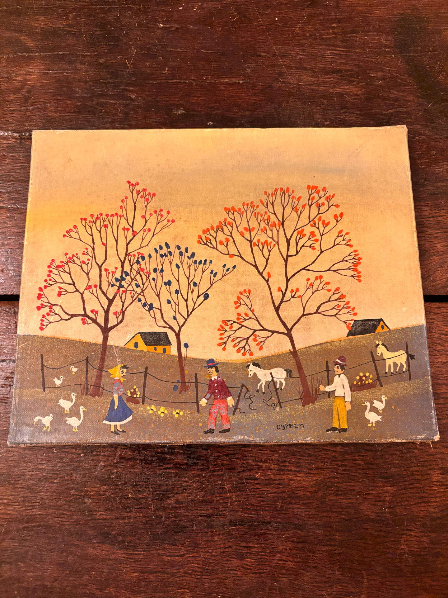 Tableau d'art naïf vintage - Scène champêtre. Art populaire