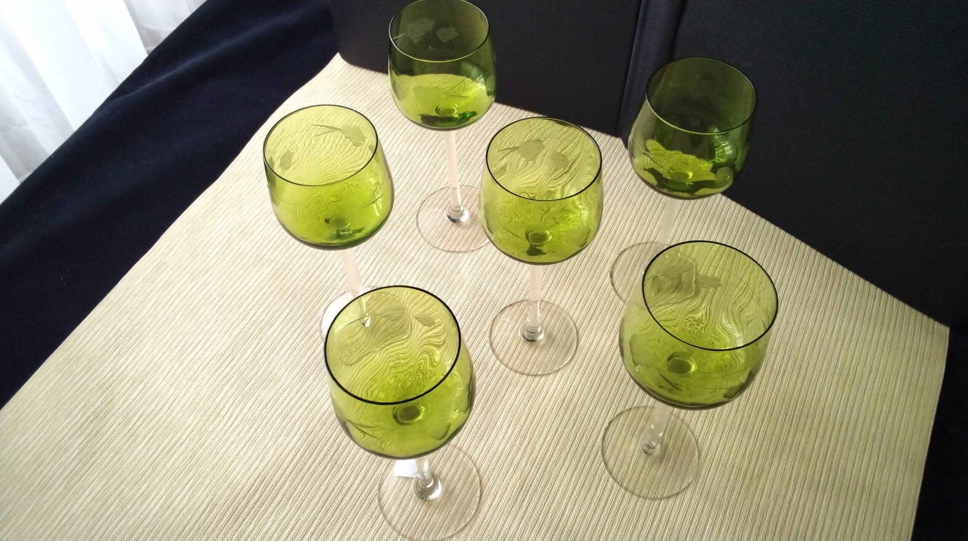 6 Antique Alsace White Wine Glasses with Engraved Decor