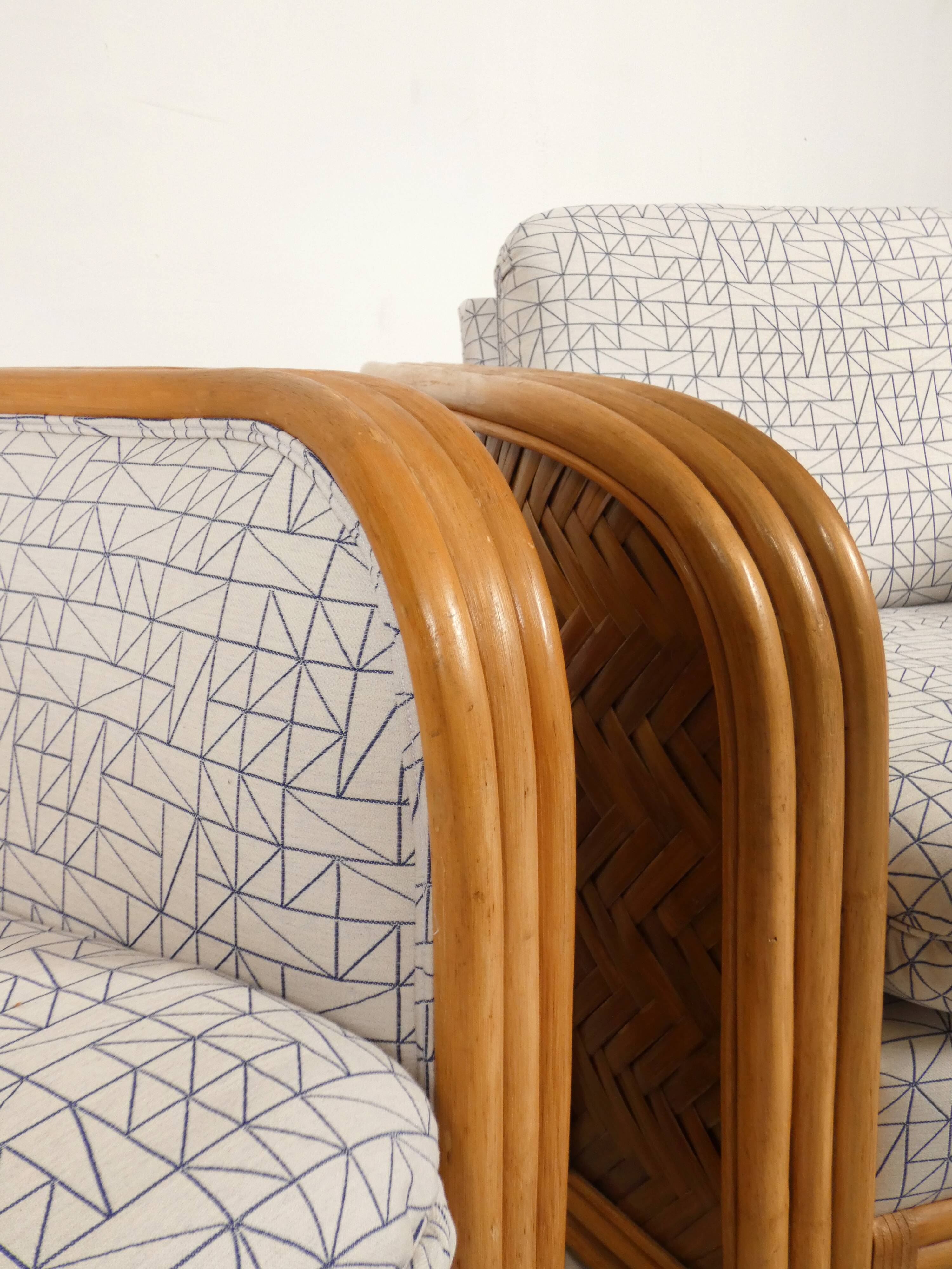 Set of 2 bamboo and rattan fauteuils with graphic fabric