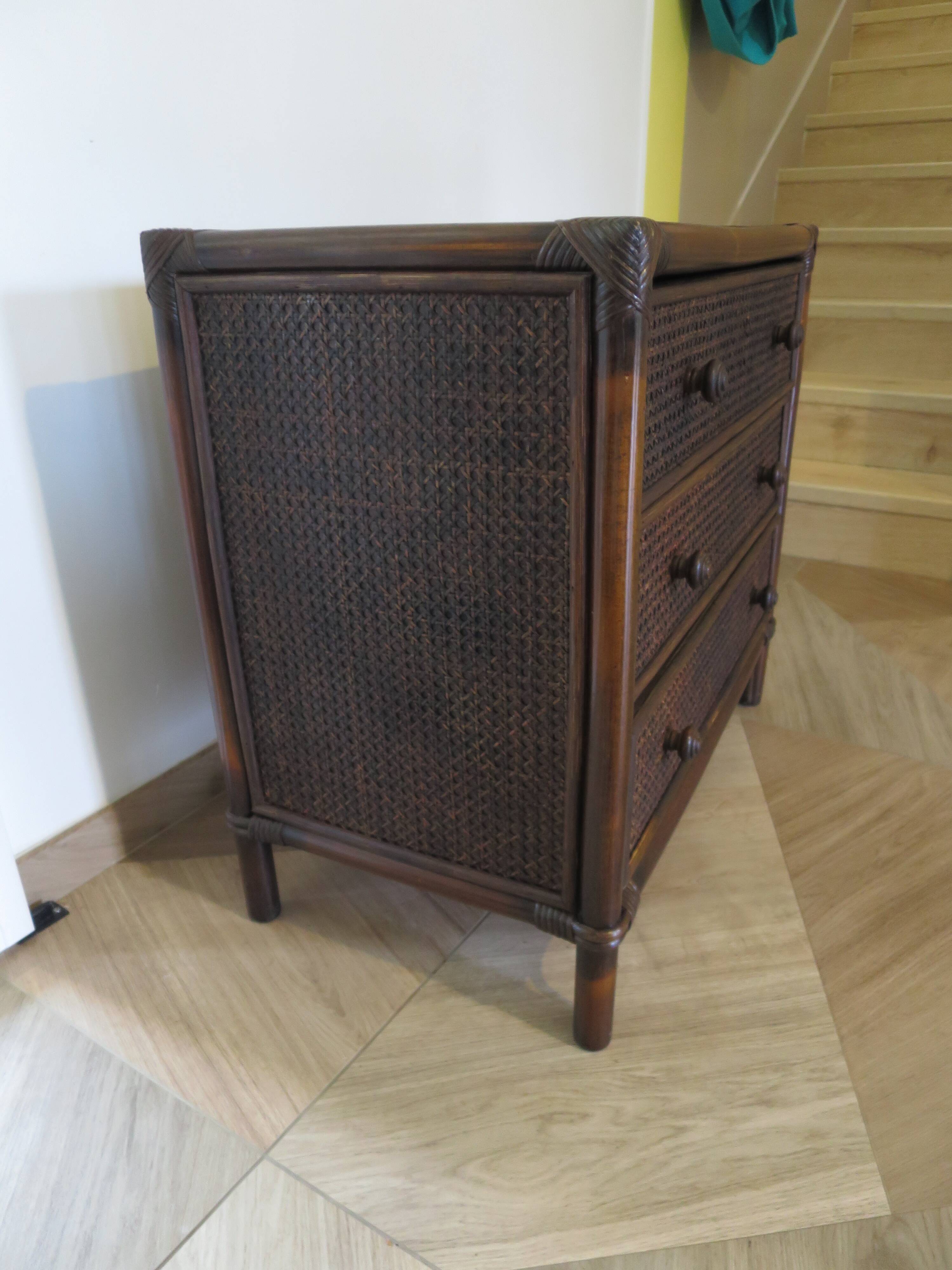 Vintage 3-drawer chest of drawers - wood, bamboo and woven rattan - 1980s