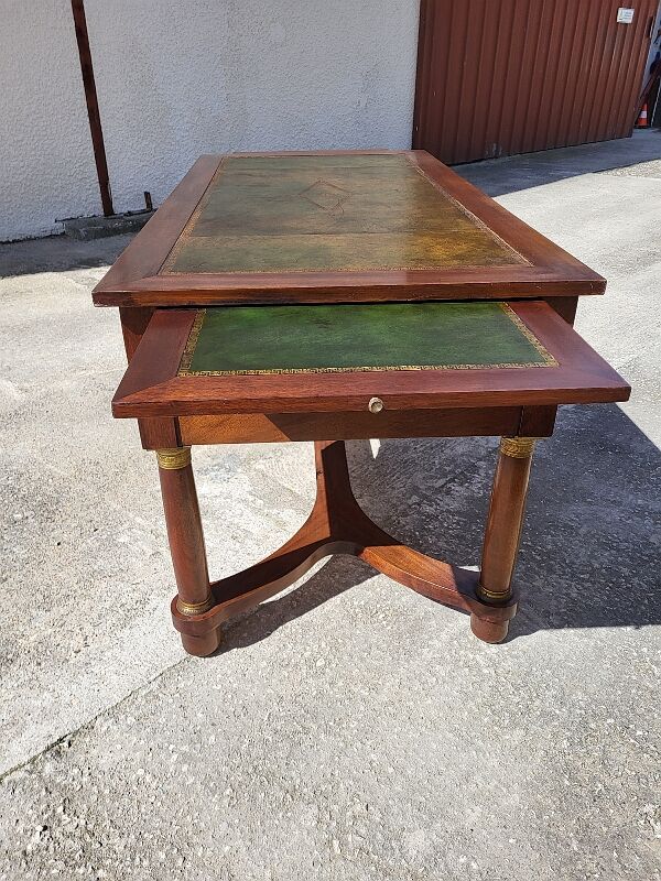 Bureau style empire double face en acajou 5 tiroirs 2 tirettes plateau cuir