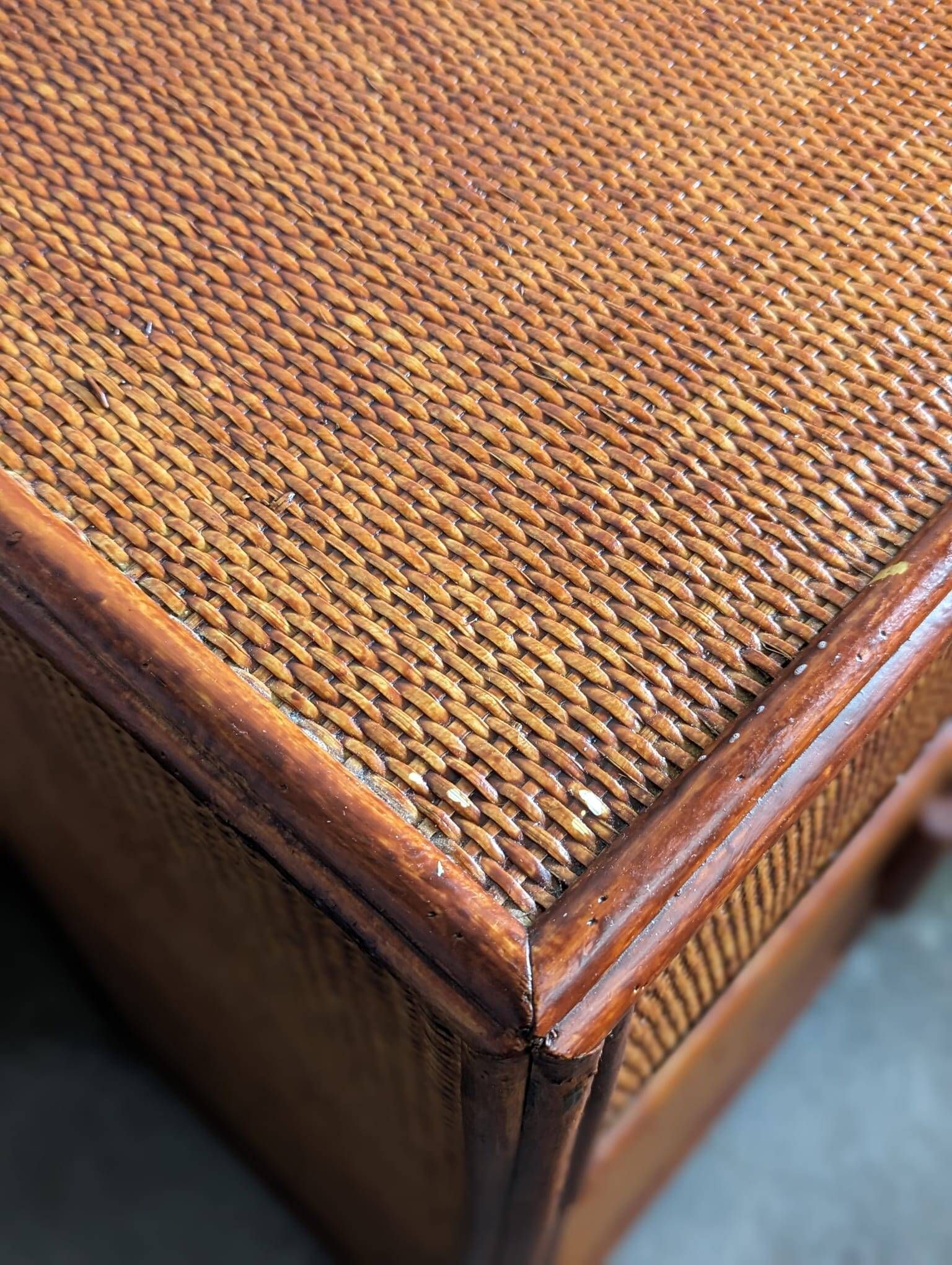 Rattan chest of drawers with one large drawer and two hinged doors - mahogany color
