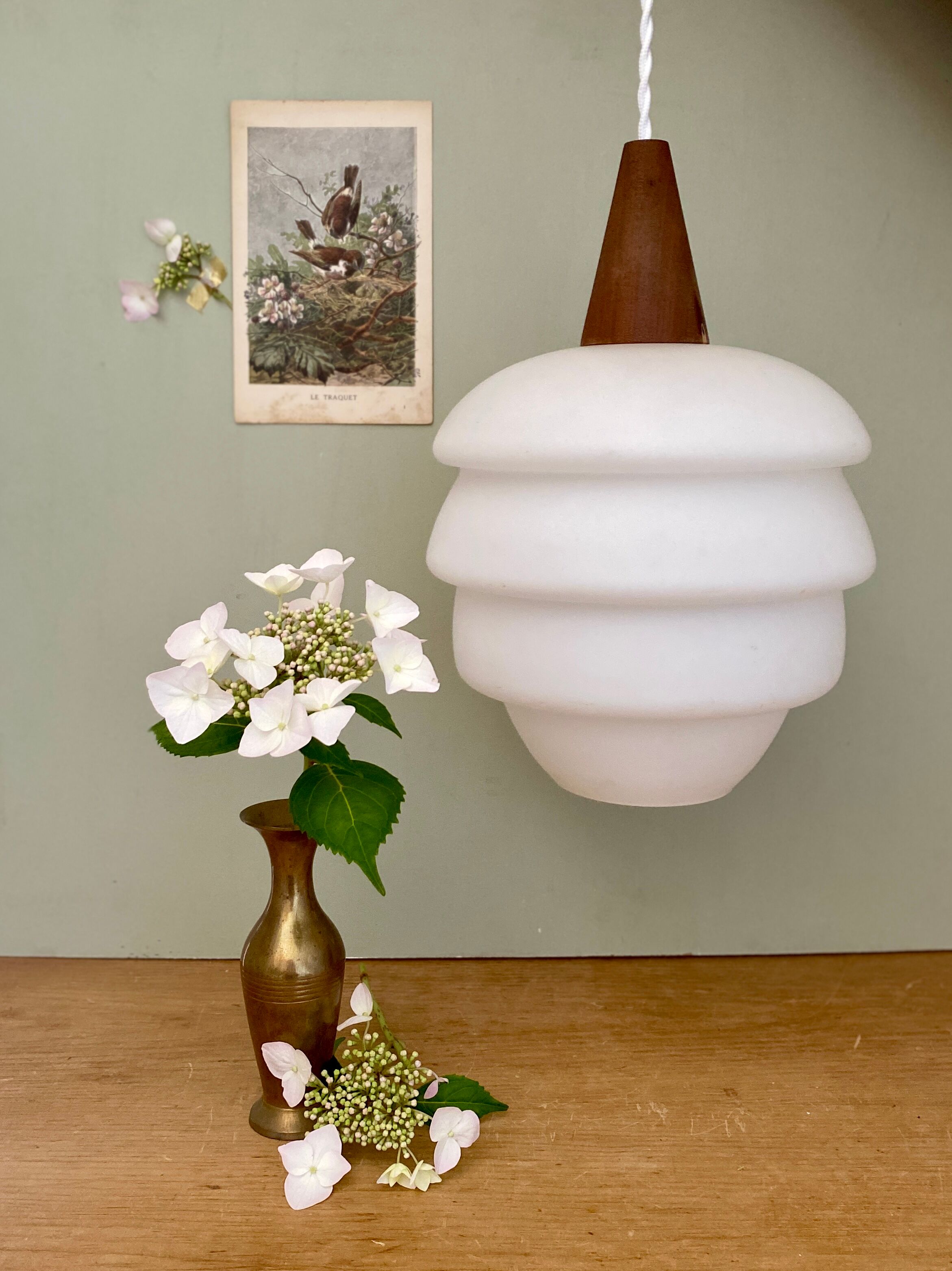 Vintage Scandinavian pendant lamp in teak and opaline