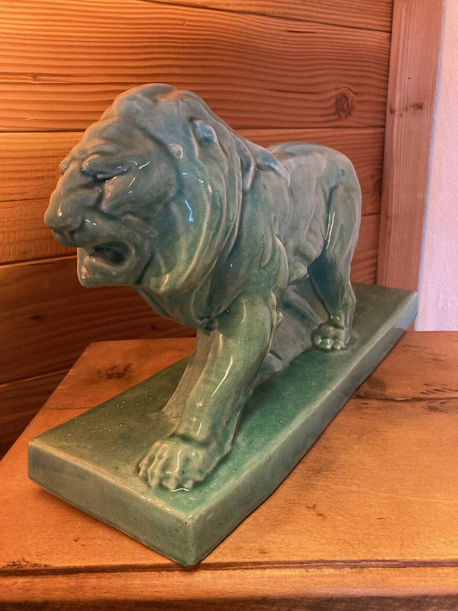 Large Art Deco lion sculpture, in crackled enamel, Peugeot, 1934, Le Jan