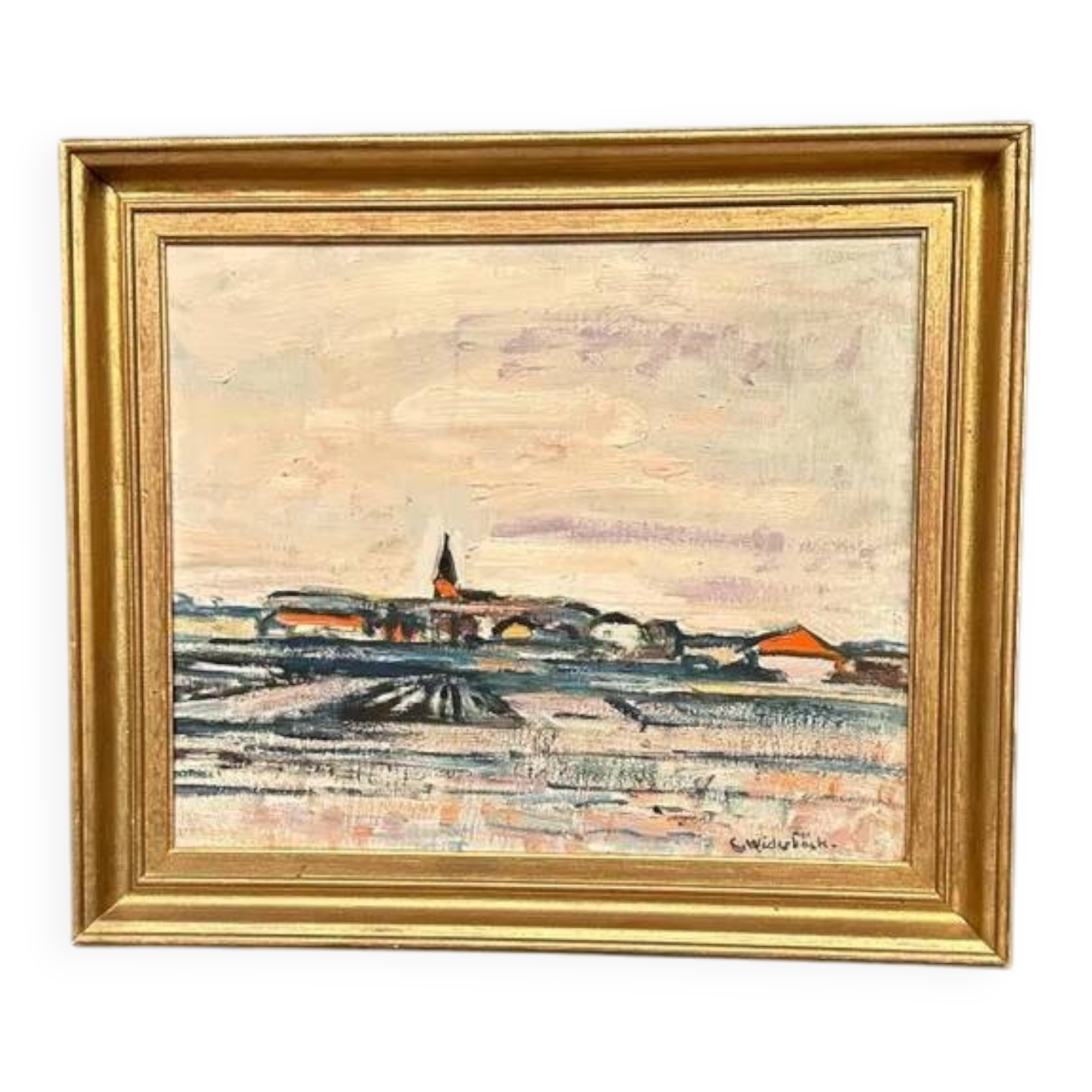 Original Swedish Oil on Panel – "Uppsala" by Gusten Widerbäck – Signed – Dated 1965 (on the back) – Framed – 38 × 43 cm