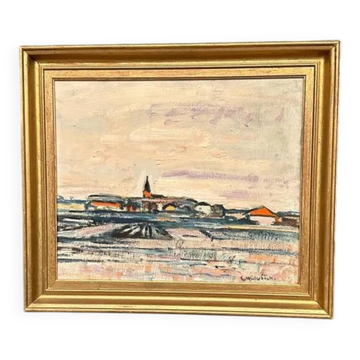 Original Swedish Oil on Panel – "Uppsala" by Gusten Widerbäck – Signed – Dated 1965 (on the back) – Framed – 38 × 43 cm