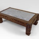 Table basse en chêne massif sculpté de faunes et plateau en marbre gris, France, circa 1940