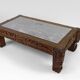 Solid oak coffee table carved with fauns and gray marble top, France, circa 1940