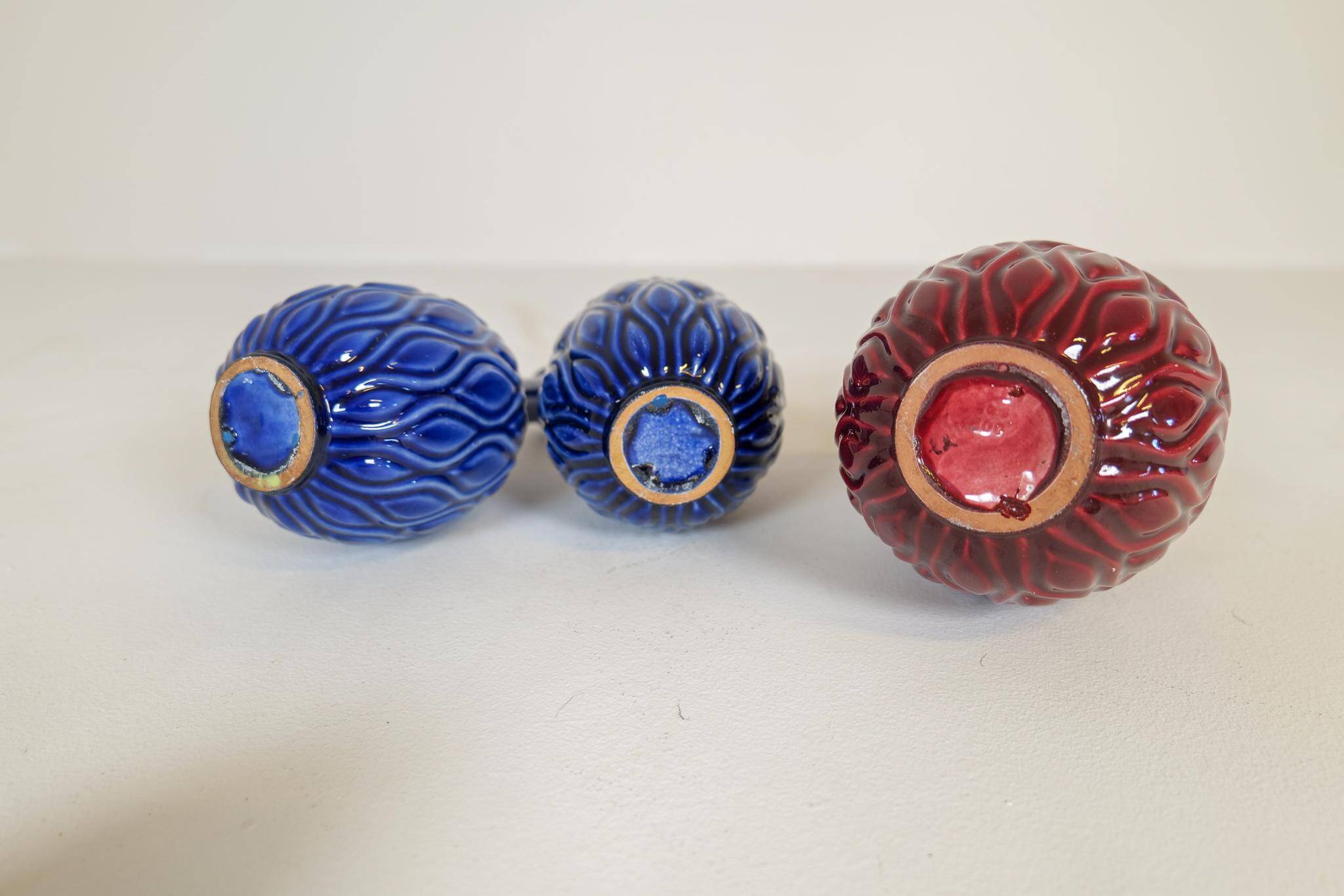 Blue and red peacock vases Midcentury Sven Erik Skawonius Upsala Ekeby, 1950s