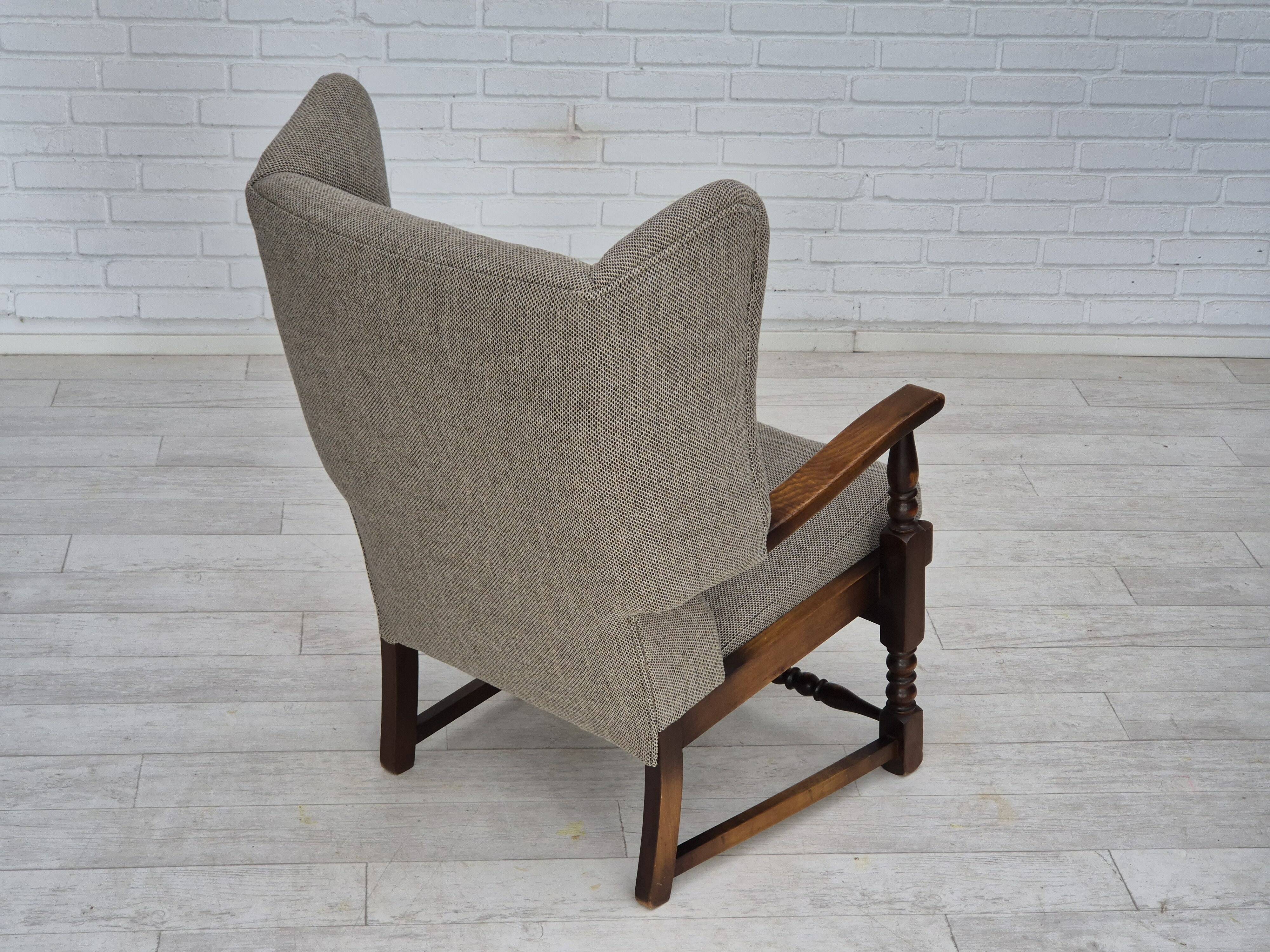 1960s, Scandinavian design, reupholstered high-back armchair, furniture wool, oak wood.